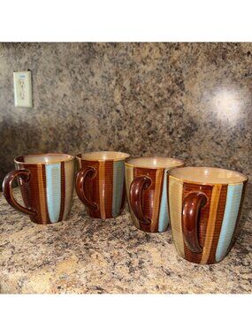 Set of 4 Sango Alpha Brown Pattern Cups Mugs #4861 Discontinued Coffee Mugs